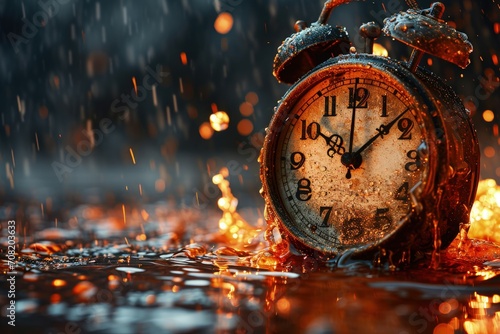 Exploding Alarm Clock with Fiery Effects on Street, daylight saving time photo