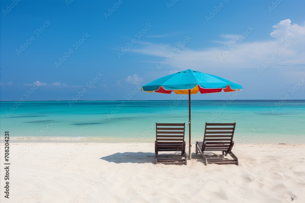 Serenity Found. Relaxing Tropical Beach Scene with Empty Chairs and Colorful Umbrella