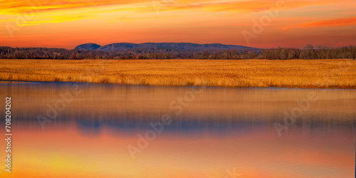 Dramatic Sunset over Sleeping Giant Mountain, Gold-colored Common Reeds Plants, and the Quinnipiac River in Hamden viewed from Tidal Marsh Trail in North Haven, Connecticut © Naya Na