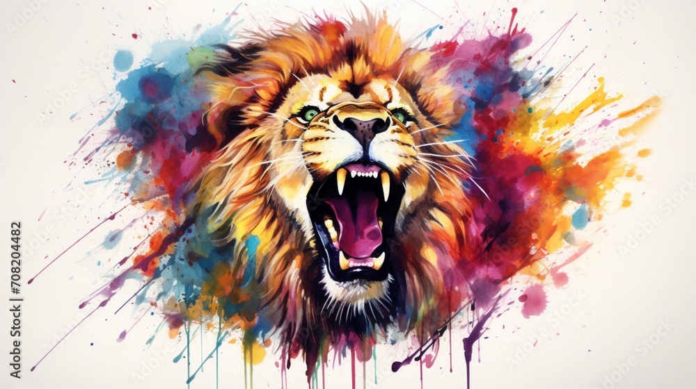 an art print in watercolor depicting a roaring lion, portrayed in action with drippy paint splatters and a rainbowcore style.  - Generative AI