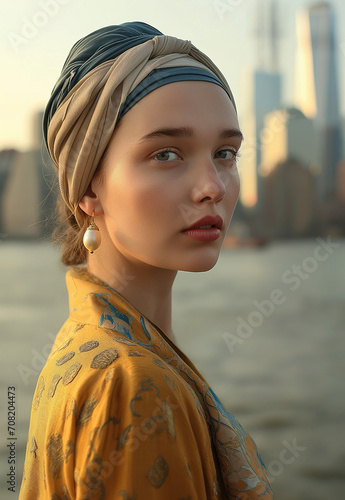 AI-Generated Modern Girl with a Pearl Earring with NYC Skyline