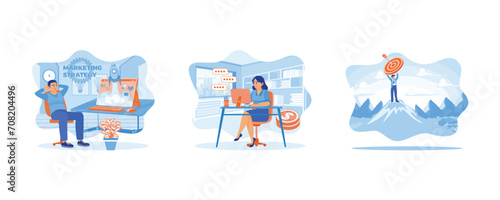 Entrepreneurs develop marketing strategy technology. Accountants analyze company finances using computers. Men strive to achieve success. set flat vector illustration.