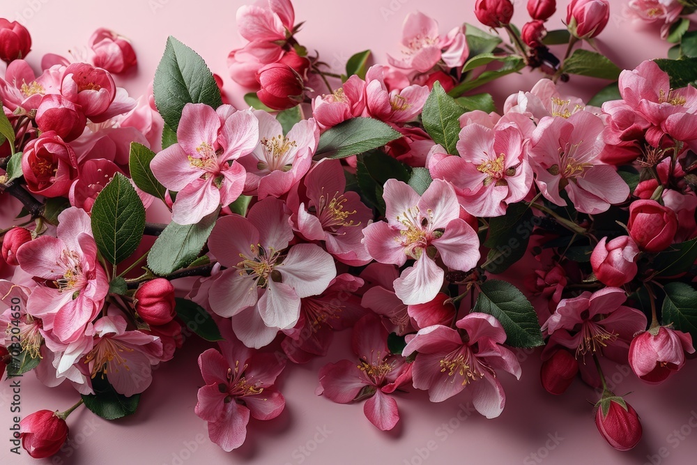 A delicate arrangement of pink red apple blossoms laid out on a soft pink background, creating a gentle and harmonious floral composition perfect for spring themes. A delicate arrangement of pink red apple blossoms laid out on a soft pink background, creating a gentle and harmonious floral composition perfect for spring themes.