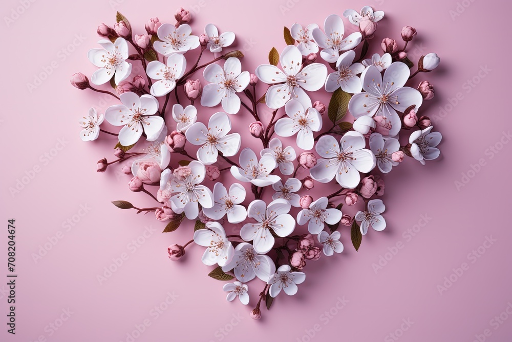 Obraz premium A delicate heart arrangement of pale pink cherry blossoms laid out on a soft pink background, creating a gentle and harmonious floral composition perfect for spring themes.