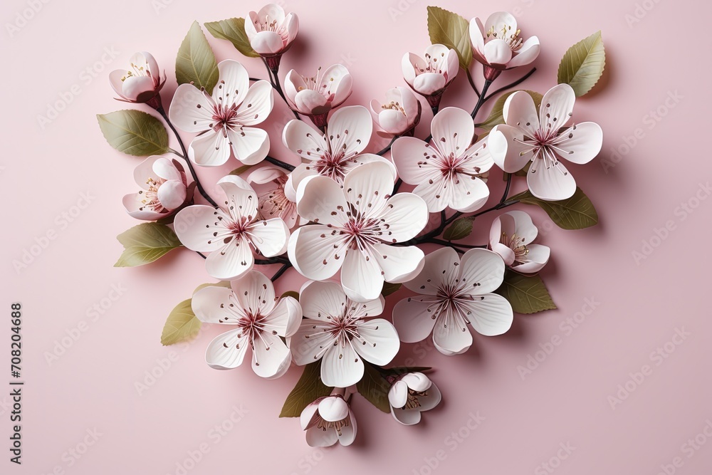 A delicate arrangement of pale pink cherry blossoms laid out on a soft pink background, creating a gentle and harmonious floral composition perfect for spring themes.