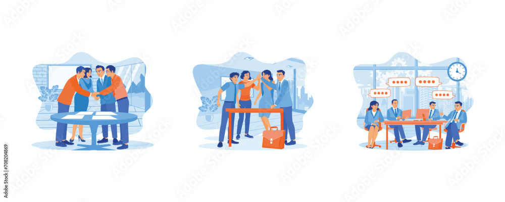 Teamwork meeting concept. High five, business people and group together for teamwork. Businesspeople are gathering in the meeting room. set flat vector illustration.