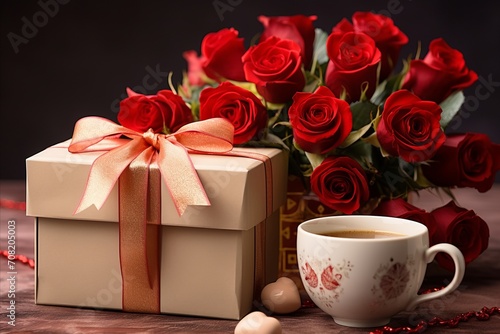 Valentines Day Gifts. Red Ribbon-Tied Presents and Roses with Cup of Coffee on black Background