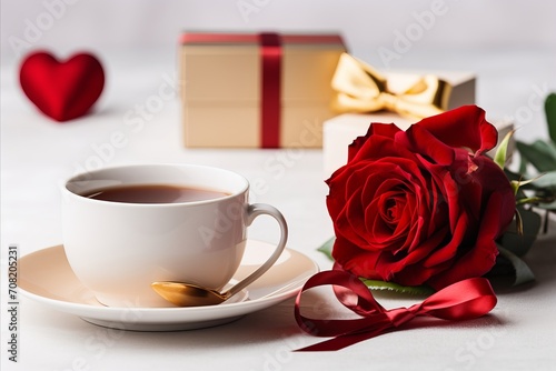 Romantic Valentines Day Gifts. Red Rose, Coffee, and Gift Box Tied with a Beautiful Red Ribbon