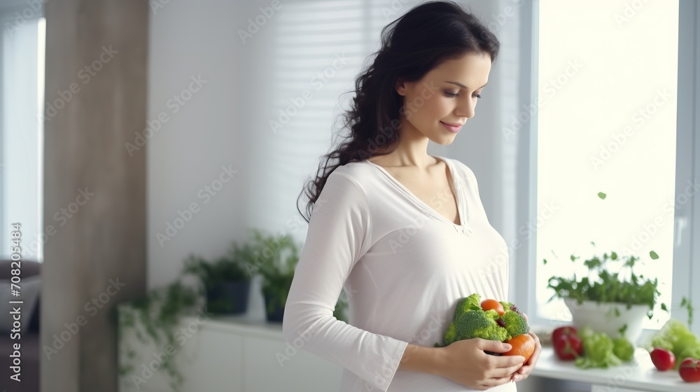 beautiful young pregnant woman standing in the kitchen ,eating fresh green vegetables. Healthy nutrition, Woman with vegetables. Healthy lifestyle.