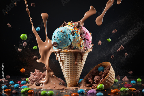 Colorful ice cream, syrup and caramel splashes. Generative AI. photo