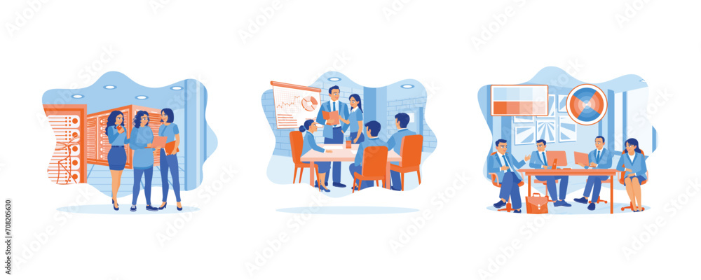  Teamwork meeting concept. Diverse colleagues gather in the presentation room. Business team meeting at the conference table. set flat vector illustration.