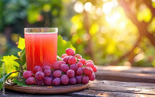 Red grapes and a glass of juice on a wooden table against the background of a garden