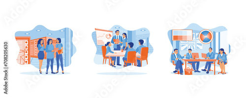  Teamwork meeting concept. Diverse colleagues gather in the presentation room. Business team meeting at the conference table. set flat vector illustration.