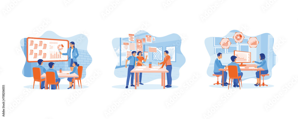 Female manager leading meeting in office. Developing mobile application software in modern office. A group of business people analyze data using computers .set flat illustration.