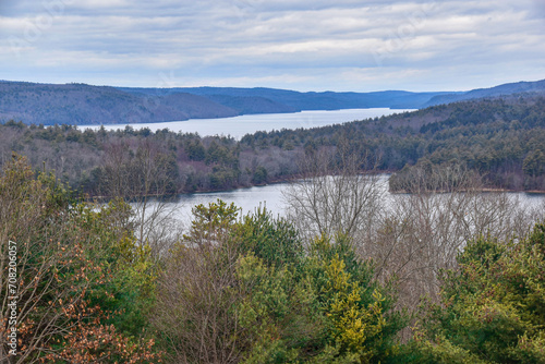  view of the quabbin reservior on a cloudy winters day