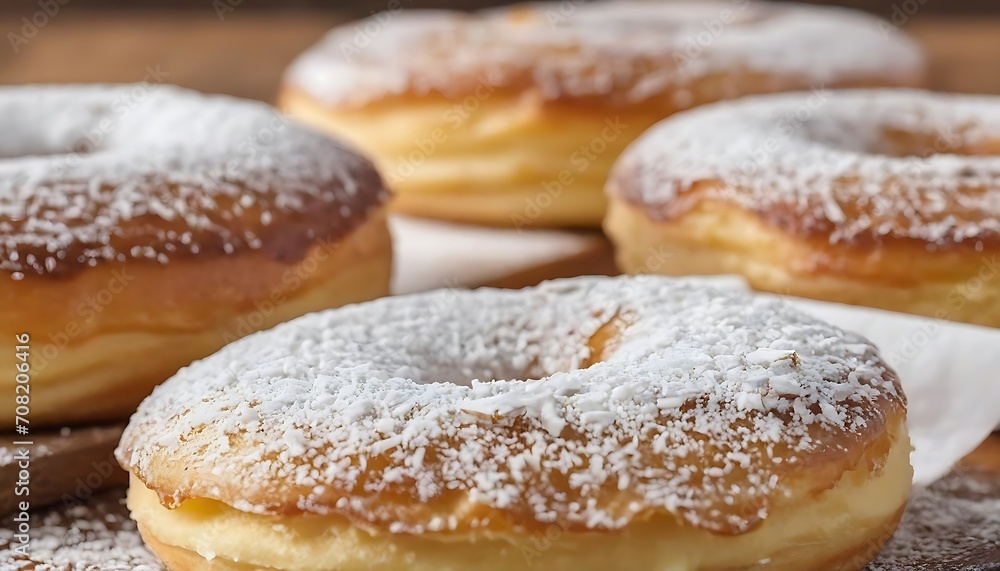 Close-up of donuts (Berlin pancakes) dusted with powdered sugar served on a rustic wooden table