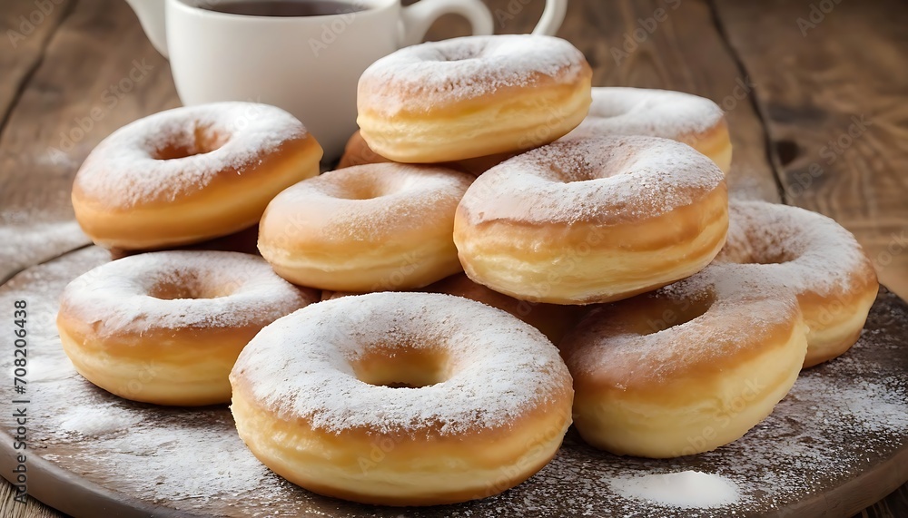Close-up of donuts (Berlin pancakes) dusted with powdered sugar served on a rustic wooden table Close-up of donuts (Berlin pancakes) dusted with powdered sugar served on a rustic wooden table