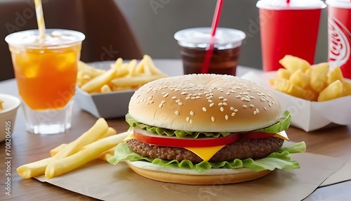 Close up of fast food snacks and drink on table