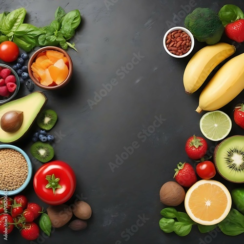 Different products as background, top view. Healthy food and balanced diet