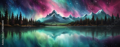 Colorful northern lights over lake and snowy mountains. Fantasy panoramic winter landscape background with Aurora Borealis with starry in the night sky photo