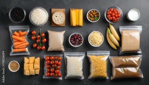 Flat lay composition of different food in vacuum packings on dark grey table