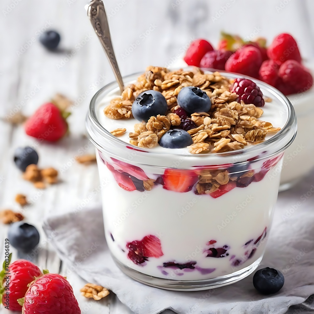 Healthy breakfast. Yogurt with granola and berries Healthy breakfast. Yogurt with granola and berries