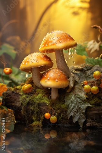 Group of fungi little fresh mushrooms growing in fall rainy forest. Autumn season pick up mushrooms. Mushrooms cut in the woods. Healthy vegetarian food