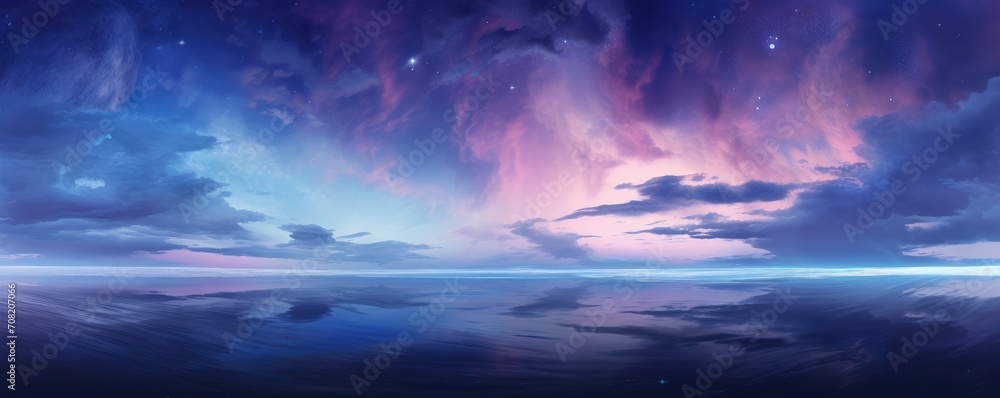 Dramatic sky background with dark rainy clouds at sunset. Purple fluffy clouds over lake water with reflections. Fantasy panoramic landscape background 