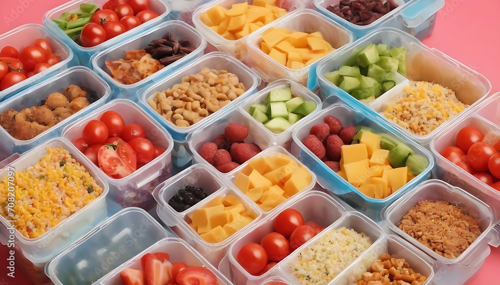 Many containers with delicious food on color background Many containers with delicious food on color background