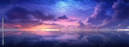 Dramatic sky background with dark rainy clouds at sunset. Purple fluffy clouds over lake water with reflections. Fantasy panoramic landscape background  photo