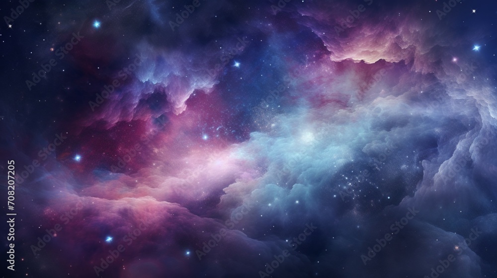 An image depicting a luminous celestial nebula, showcasing vibrant hues of purples, blues, and pinks swirling amidst a star-studded cosmos  - Generative AI