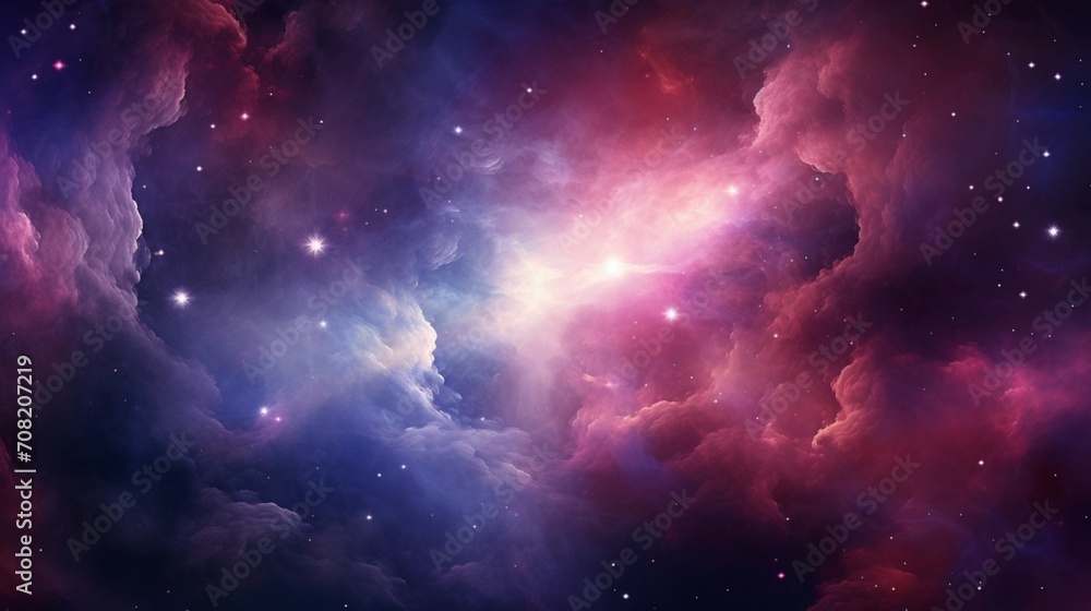 An image depicting a luminous celestial nebula, showcasing vibrant hues of purples, blues, and pinks swirling amidst a star-studded cosmos  - Generative AI