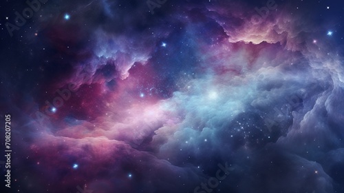An image depicting a luminous celestial nebula  showcasing vibrant hues of purples  blues  and pinks swirling amidst a star-studded cosmos  - Generative AI