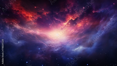 An image depicting a luminous celestial nebula, showcasing vibrant hues of purples, blues, and pinks swirling amidst a star-studded cosmos - Generative AI