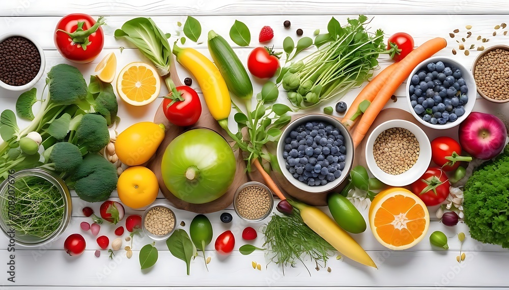 Spring healthy vegan food cooking ingredients. Flat-lay of vegetables, fruit, seeds, sprouts, flowers, greens over white wooden background, top view. Clean eating, diet food concept Spring healthy vegan food cooking ingredients. Flat-lay of vegetables, fruit, seeds, sprouts, flowers, greens over white wooden background, top view. Clean eating, diet food concept