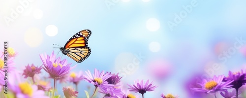 Fluttering beautiful butterfly and spring wildflowers on the field in sunlight. Floral summer concept for background  banner or greeting card with copy space 