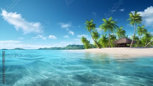 Beach with palm trees and crystal clear water. Idyllic tropical island in summer.  © Ziyan Yang