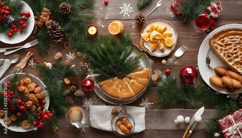 Top view background of beautiful Christmas table with delicious homemade food decorated with fir branches, copy space