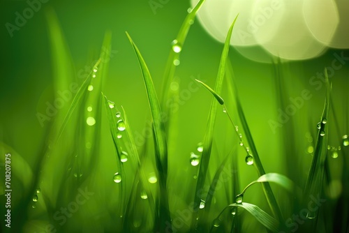 Bright spring grass field with sunny bokeh background. Beautiful meadow with fresh grass in nature. Close up of thick grass with water drops in the early summer morning