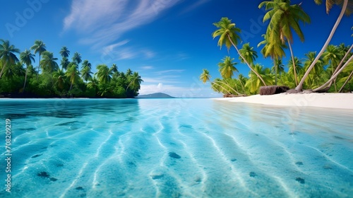 Beach with palm trees and crystal clear water. Idyllic tropical island in summer. 