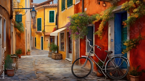 Narrow street of the village of fishermen San Guiliano with colorful houses and a bicycle in early morning in Rimini, Italy