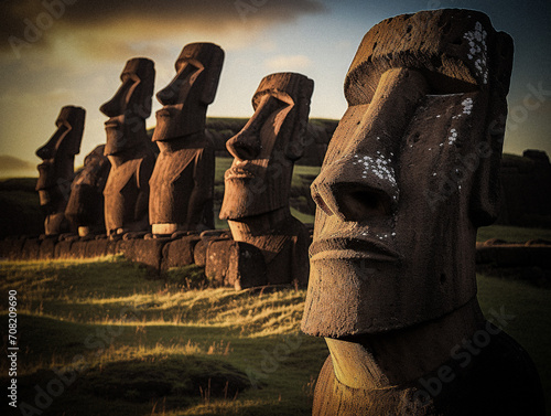 AI-Generated Moai Statues at Sunrise, Easter Island