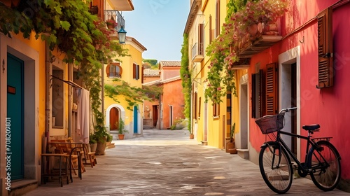 Narrow street of the village of fishermen San Guiliano with colorful houses and a bicycle in early morning in Rimini  Italy