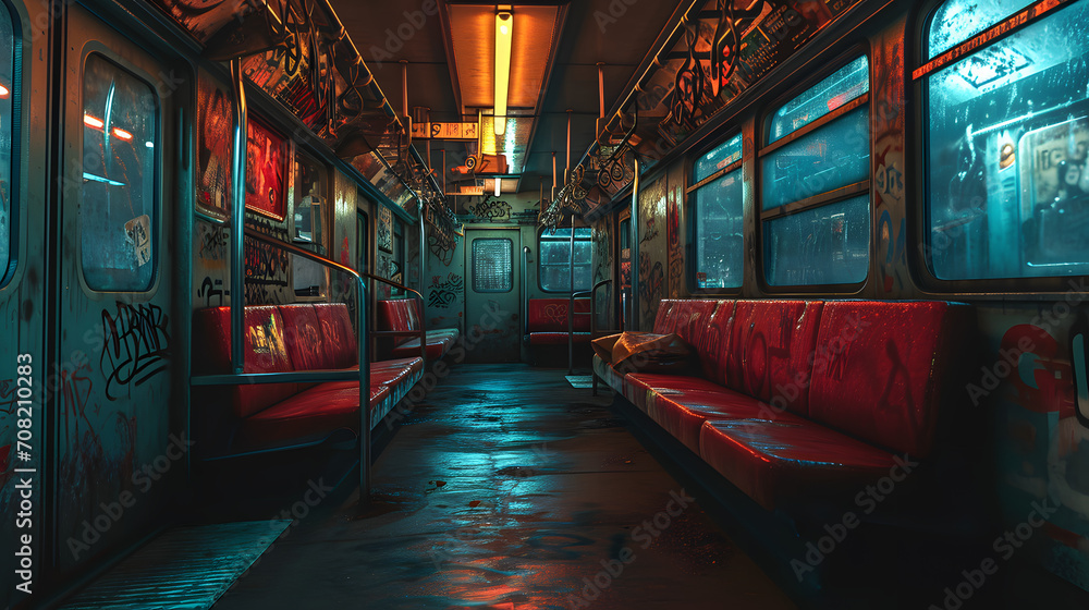 Naklejka premium train carriage at night with graffiti
