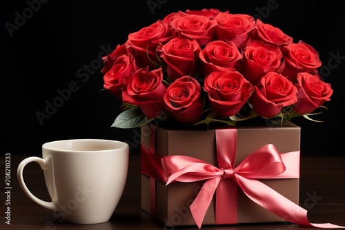 Valentines Day Gifts. Red Roses, Ribbon, and a Cup of Coffee on a Dark Background