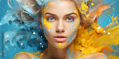 close blonde woman face with pains in blue yellow colors paint splash around her