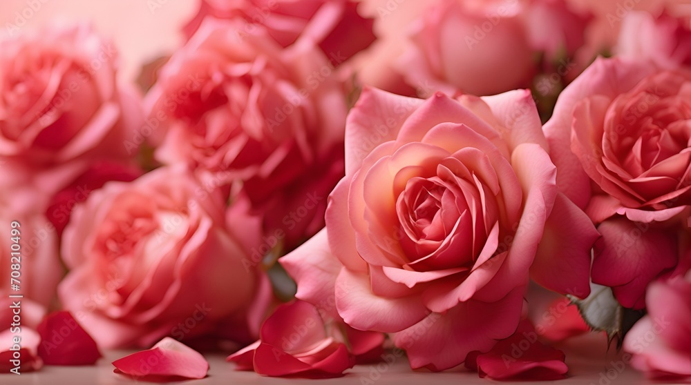 pink roses on light pink illuminated by the sun background and bokeh with copy space. Valentines day, birthday or anniversary. pink roses on light pink illuminated by the sun background and bokeh with copy space. Valentines day, birthday or anniversary.