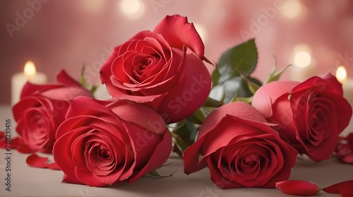 red roses on light pink illuminated by the sun background and bokeh with copy space. Valentines day  birthday or anniversary.