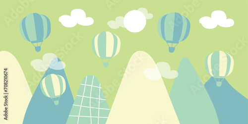 Mountains, balloons and clouds with Doodle style, Vector hand drawn childish wallpaper with  Modern 3D wallpaper for the children's room.