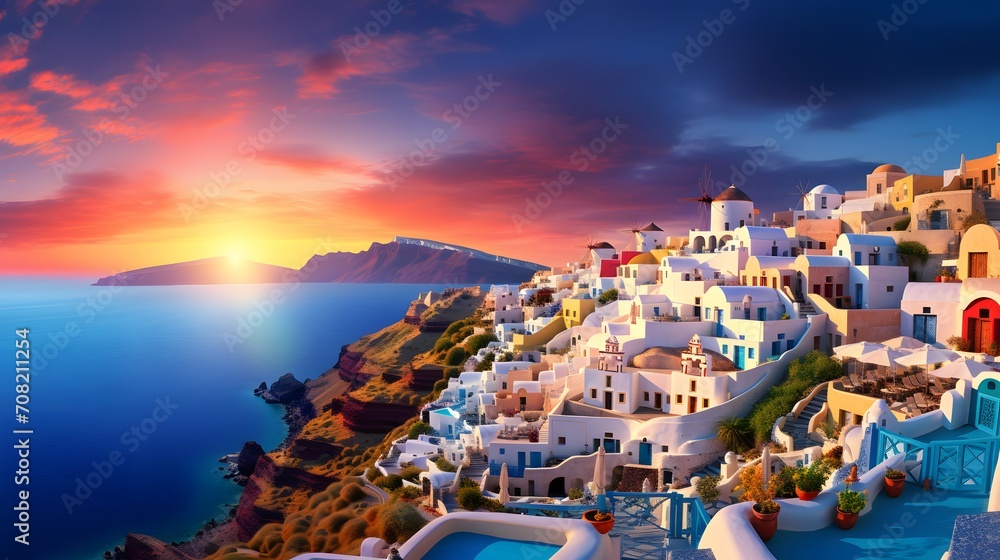 Santorini, Greece - Oia at sunset, panorama - obrazy, fototapety, plakaty 